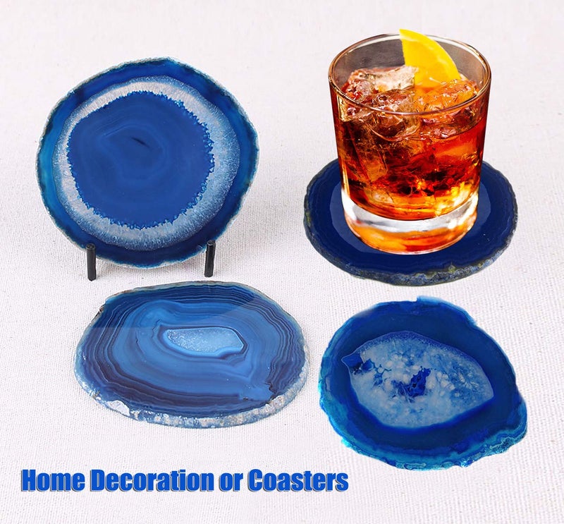 AMOYSTONE Blue Agate Coasters Set of 4, 3.5-4 Inch Polished Gemstone Coasters with Rubber Bumpers, Elegant Wedding Gift for Couples, Home Bar Decor - Image 4